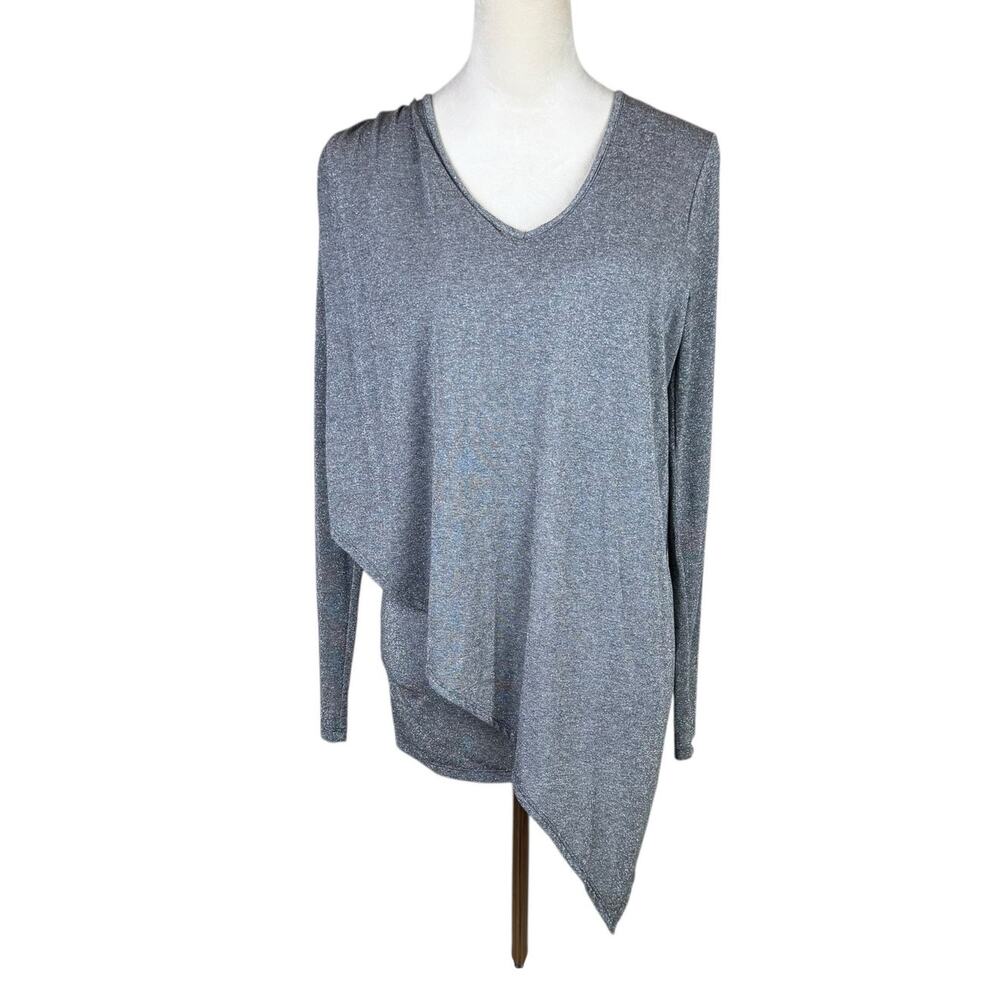 Lola & Sophie Gray Thin Knit Silver Metallic Long Sleeve Asymmetrical Fitted Top